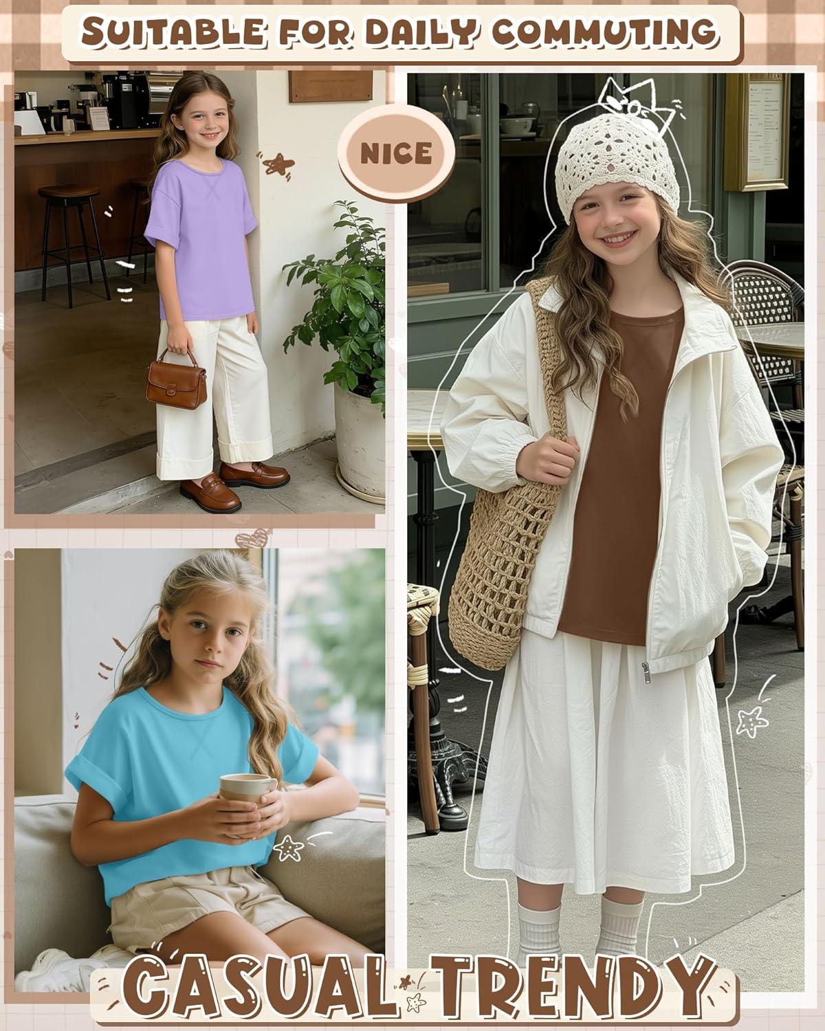 image:image3 Pack Girls Short Sleeve T Shirts Kids Loose Fit Crew Neck Tops Rolled Cuff Summer Basic Casual BlouseTurquoise Light Purple Mocha Brown