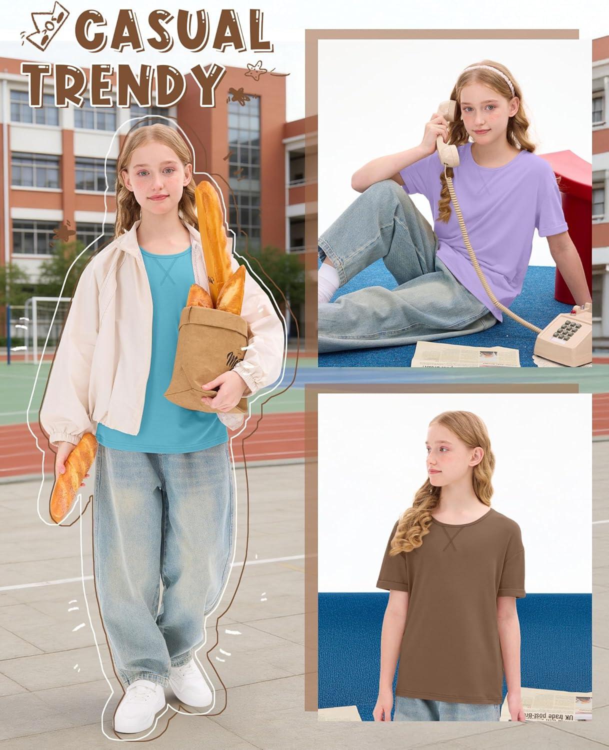 image:image3 Pack Girls Short Sleeve T Shirts Kids Loose Fit Crew Neck Tops Rolled Cuff Summer Basic Casual BlouseTurquoise Light Purple Mocha Brown