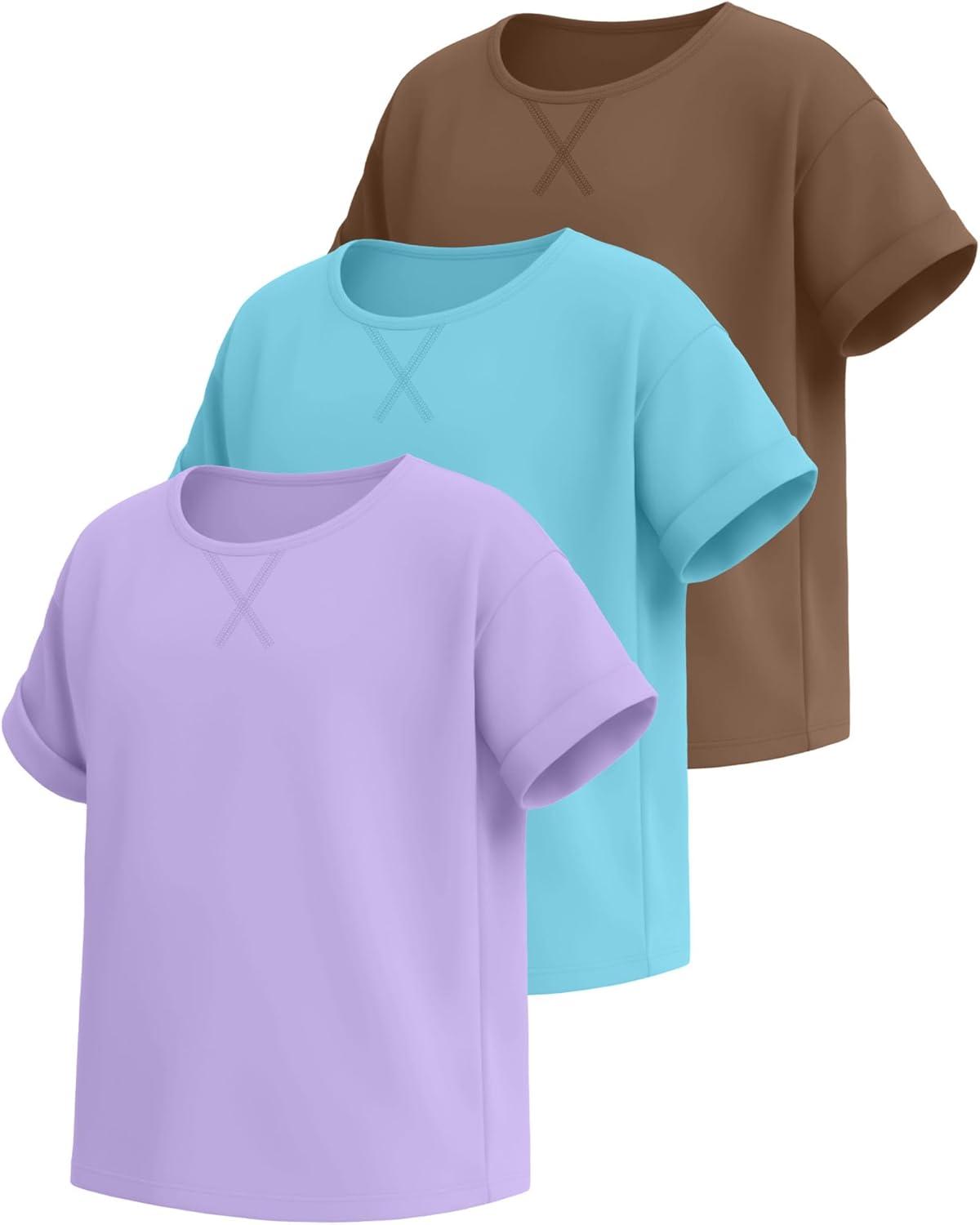 image:image3 Pack Girls Short Sleeve T Shirts Kids Loose Fit Crew Neck Tops Rolled Cuff Summer Basic Casual BlouseTurquoise Light Purple Mocha Brown