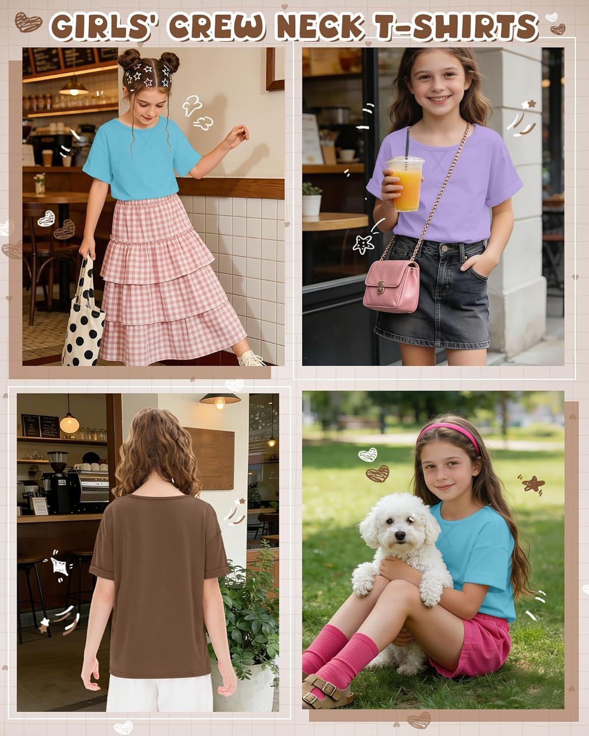 image:image3 Pack Girls Short Sleeve T Shirts Kids Loose Fit Crew Neck Tops Rolled Cuff Summer Basic Casual BlouseTurquoise Light Purple Mocha Brown