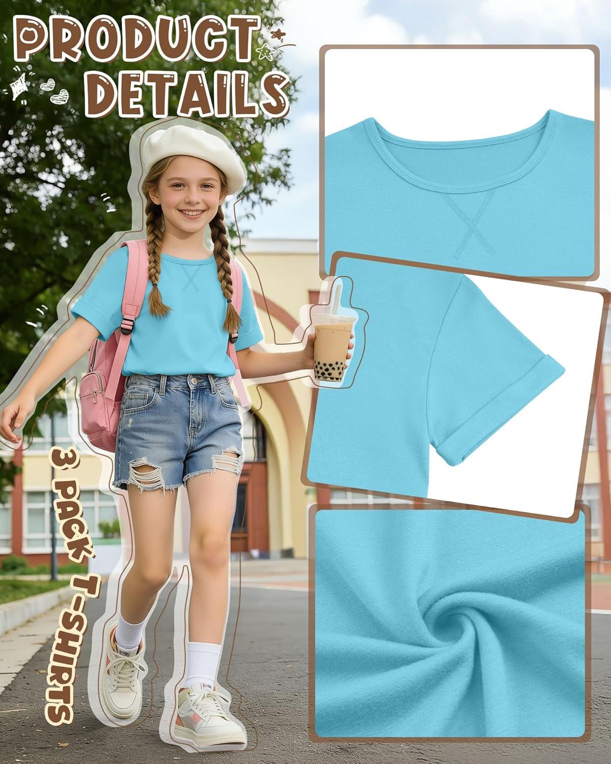 image:image3 Pack Girls Short Sleeve T Shirts Kids Loose Fit Crew Neck Tops Rolled Cuff Summer Basic Casual BlouseTurquoise Light Purple Mocha Brown