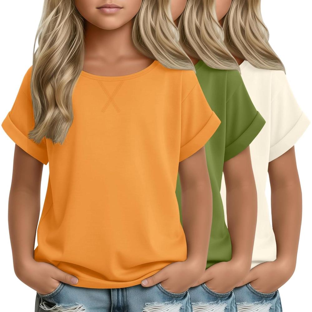 image:image3 Pack Girls Short Sleeve T Shirts Kids Loose Fit Crew Neck Tops Rolled Cuff Summer Basic Casual BlouseBright Orange Grass Green Cream