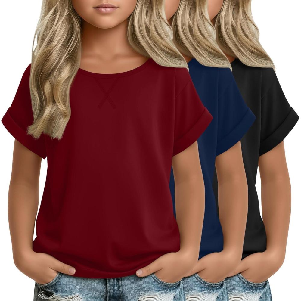 image:image3 Pack Girls Short Sleeve T Shirts Kids Loose Fit Crew Neck Tops Rolled Cuff Summer Basic Casual BlouseBurgundy Navy Blue Black