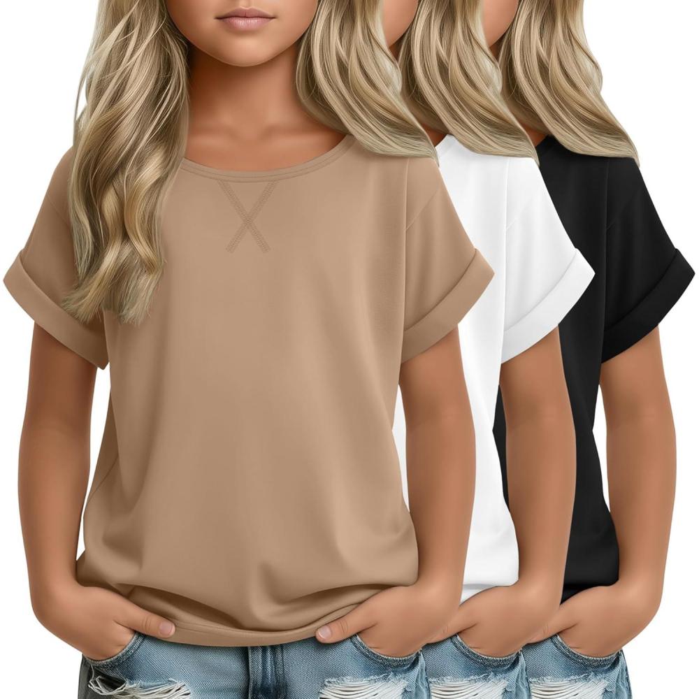 image:image3 Pack Girls Short Sleeve T Shirts Kids Loose Fit Crew Neck Tops Rolled Cuff Summer Basic Casual BlouseKhaki  White  Black