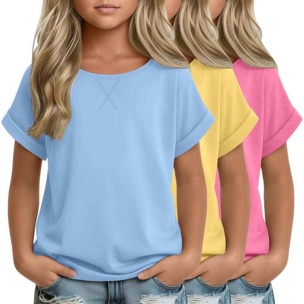 image:image3 Pack Girls Short Sleeve T Shirts Kids Loose Fit Crew Neck Tops Rolled Cuff Summer Basic Casual BlouseSky Blue Yellow Peach Pink