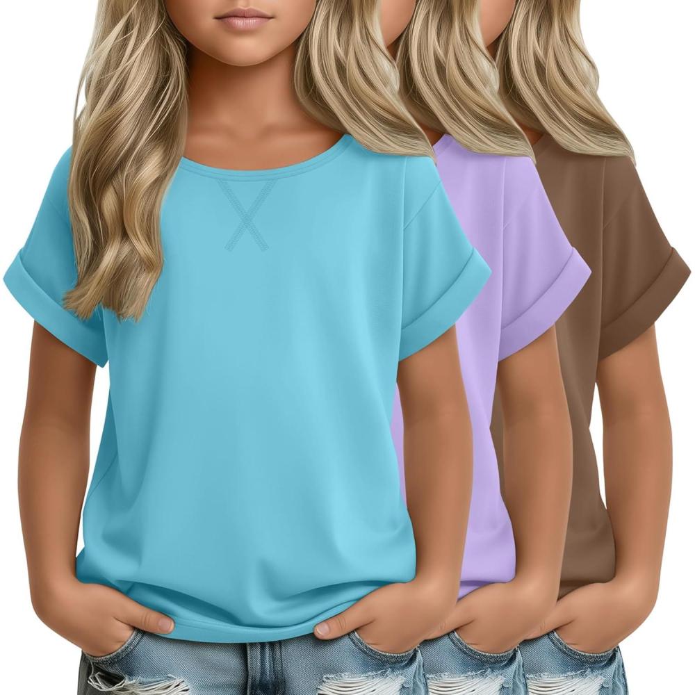 image:image3 Pack Girls Short Sleeve T Shirts Kids Loose Fit Crew Neck Tops Rolled Cuff Summer Basic Casual BlouseTurquoise Light Purple Mocha Brown