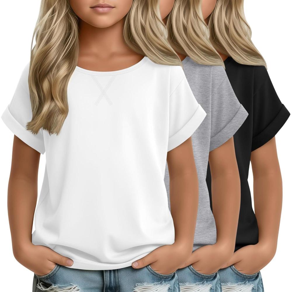 image:image3 Pack Girls Short Sleeve T Shirts Kids Loose Fit Crew Neck Tops Rolled Cuff Summer Basic Casual BlouseWhite Light Gray Black