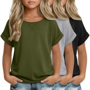 3 Pack Girls Short Sleeve T Shirts Kids Loose Fit Crew Neck Tops Rolled Cuff Summer Basic Casual Blouse(Army Green  Light Gray  Black)