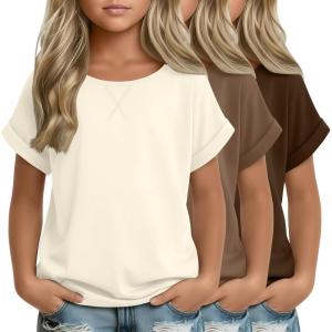 3 Pack Girls Short Sleeve T Shirts Kids Loose Fit Crew Neck Tops Rolled Cuff Summer Basic Casual Blouse(Cream  Mocha Brown  Brown)