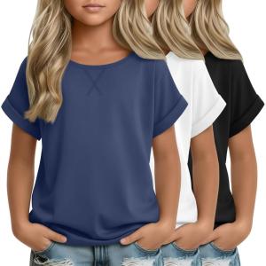 3 Pack Girls Short Sleeve T Shirts Kids Loose Fit Crew Neck Tops Rolled Cuff Summer Basic Casual Blouse(Dusty Blue  White  Black)