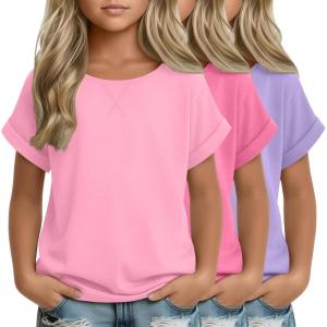3 Pack Girls Short Sleeve T Shirts Kids Loose Fit Crew Neck Tops Rolled Cuff Summer Basic Casual Blouse(Pink  Peach Pink  Light Purple)