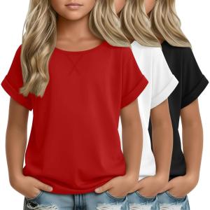 3 Pack Girls Short Sleeve T Shirts Kids Loose Fit Crew Neck Tops Rolled Cuff Summer Basic Casual Blouse(Red  White  Black)