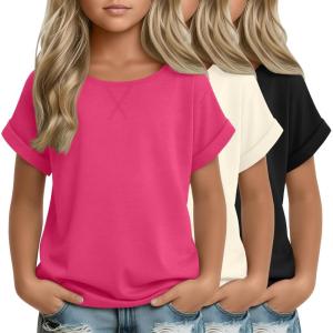 3 Pack Girls Short Sleeve T Shirts Kids Loose Fit Crew Neck Tops Rolled Cuff Summer Basic Casual Blouse(Rose Pink  Cream  Black)