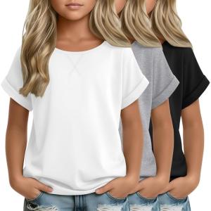 3 Pack Girls Short Sleeve T Shirts Kids Loose Fit Crew Neck Tops Rolled Cuff Summer Basic Casual Blouse(White  Light Gray  Black)