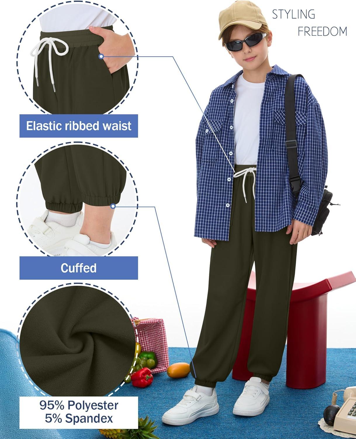 image:image3 Pack Boys Jogger Sweatpants 514 Years Elastic Waist Drawstring Athletic Pants Loose Cuffed Bottoms with PocketsArmy Green Light Gray Black