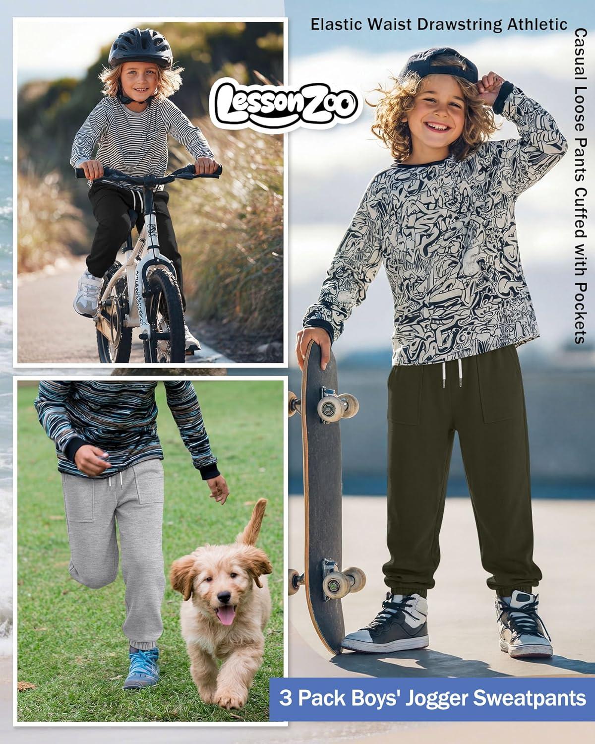image:image3 Pack Boys Jogger Sweatpants 514 Years Elastic Waist Drawstring Athletic Pants Loose Cuffed Bottoms with PocketsArmy Green Light Gray Black