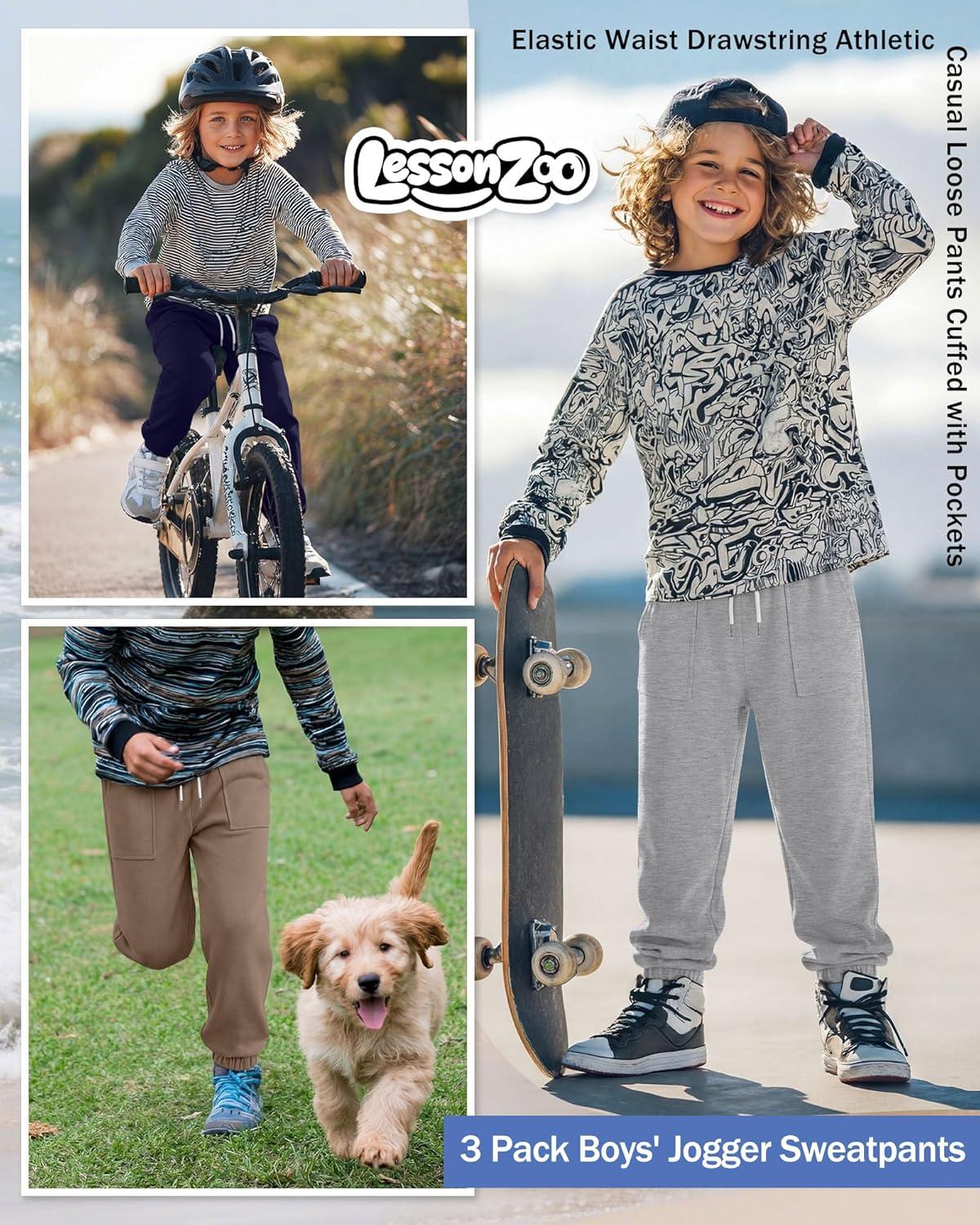 image:image3 Pack Boys Jogger Sweatpants 514 Years Elastic Waist Drawstring Athletic Pants Loose Cuffed Bottoms with PocketsCoffee Light Gray Navy Blue