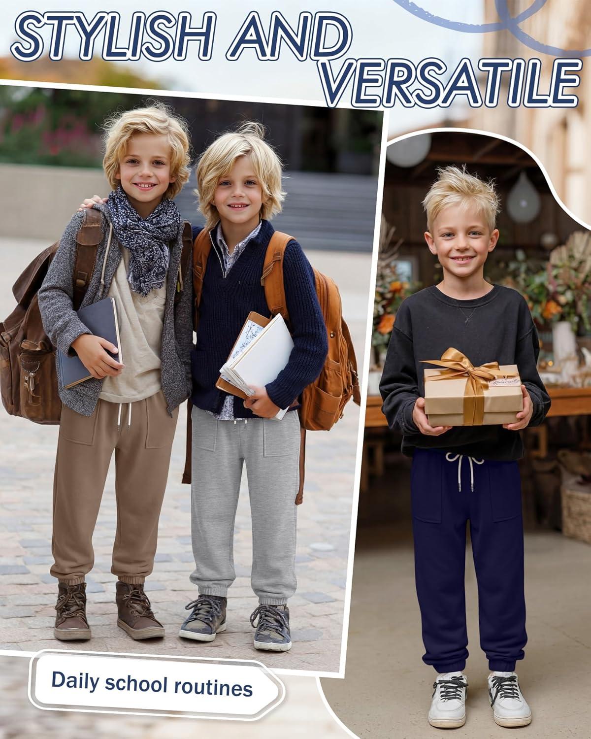 image:image3 Pack Boys Jogger Sweatpants 514 Years Elastic Waist Drawstring Athletic Pants Loose Cuffed Bottoms with PocketsCoffee Light Gray Navy Blue