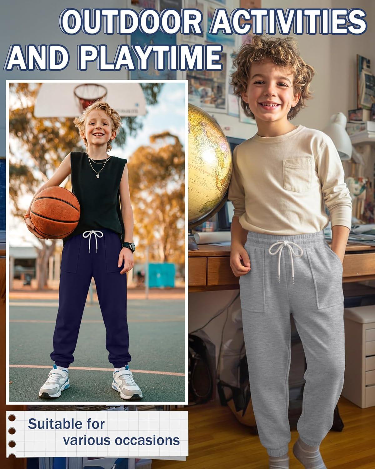 image:image3 Pack Boys Jogger Sweatpants 514 Years Elastic Waist Drawstring Athletic Pants Loose Cuffed Bottoms with PocketsCoffee Light Gray Navy Blue
