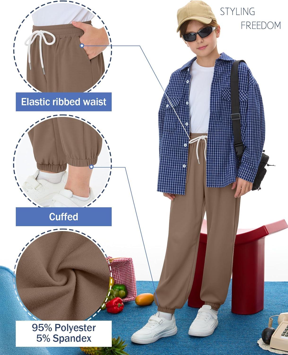 image:image3 Pack Boys Jogger Sweatpants 514 Years Elastic Waist Drawstring Athletic Pants Loose Cuffed Bottoms with PocketsCoffee Light Gray Navy Blue