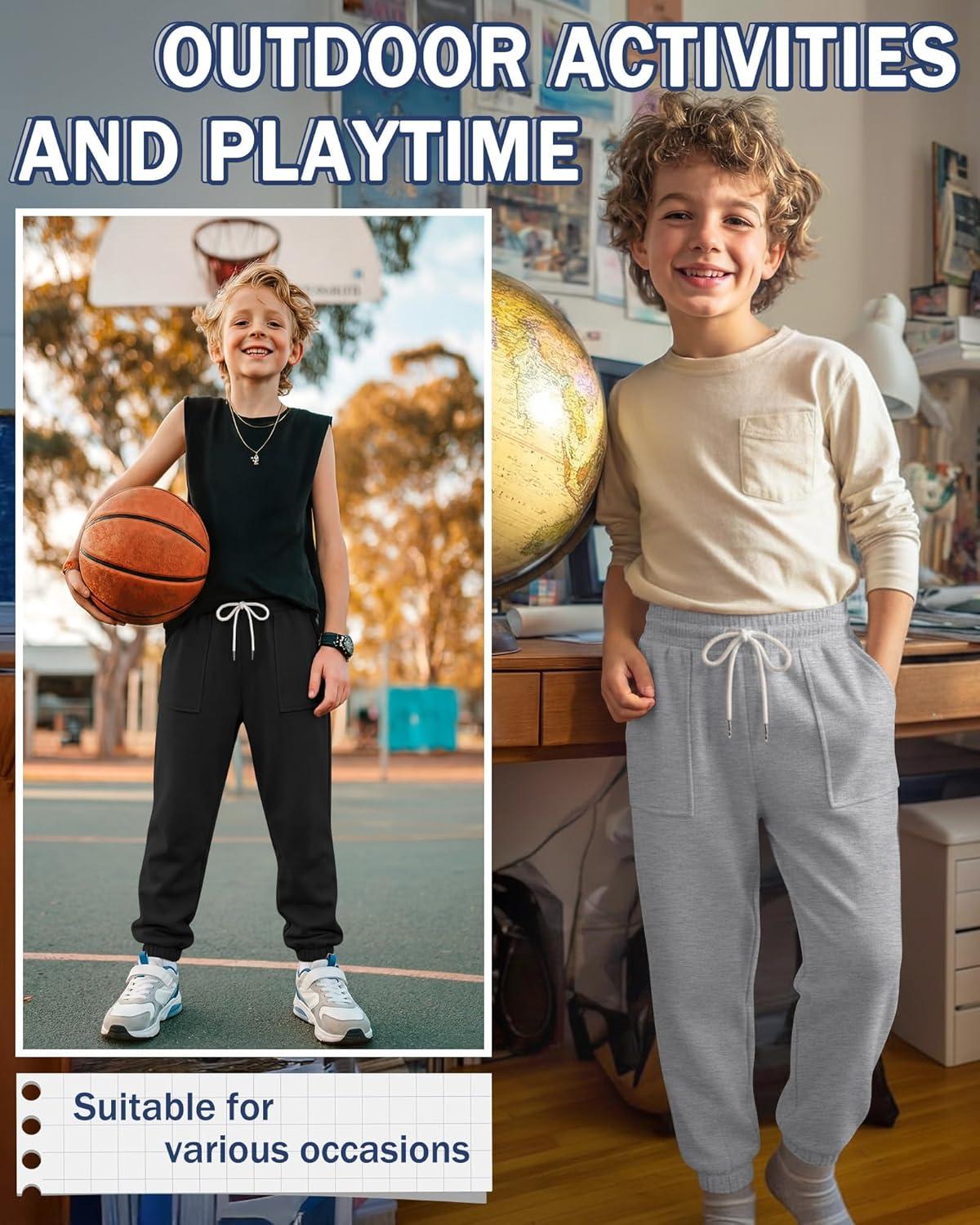 image:image3 Pack Boys Jogger Sweatpants 514 Years Elastic Waist Drawstring Athletic Pants Loose Cuffed Bottoms with PocketsKhaki Light Gray Black