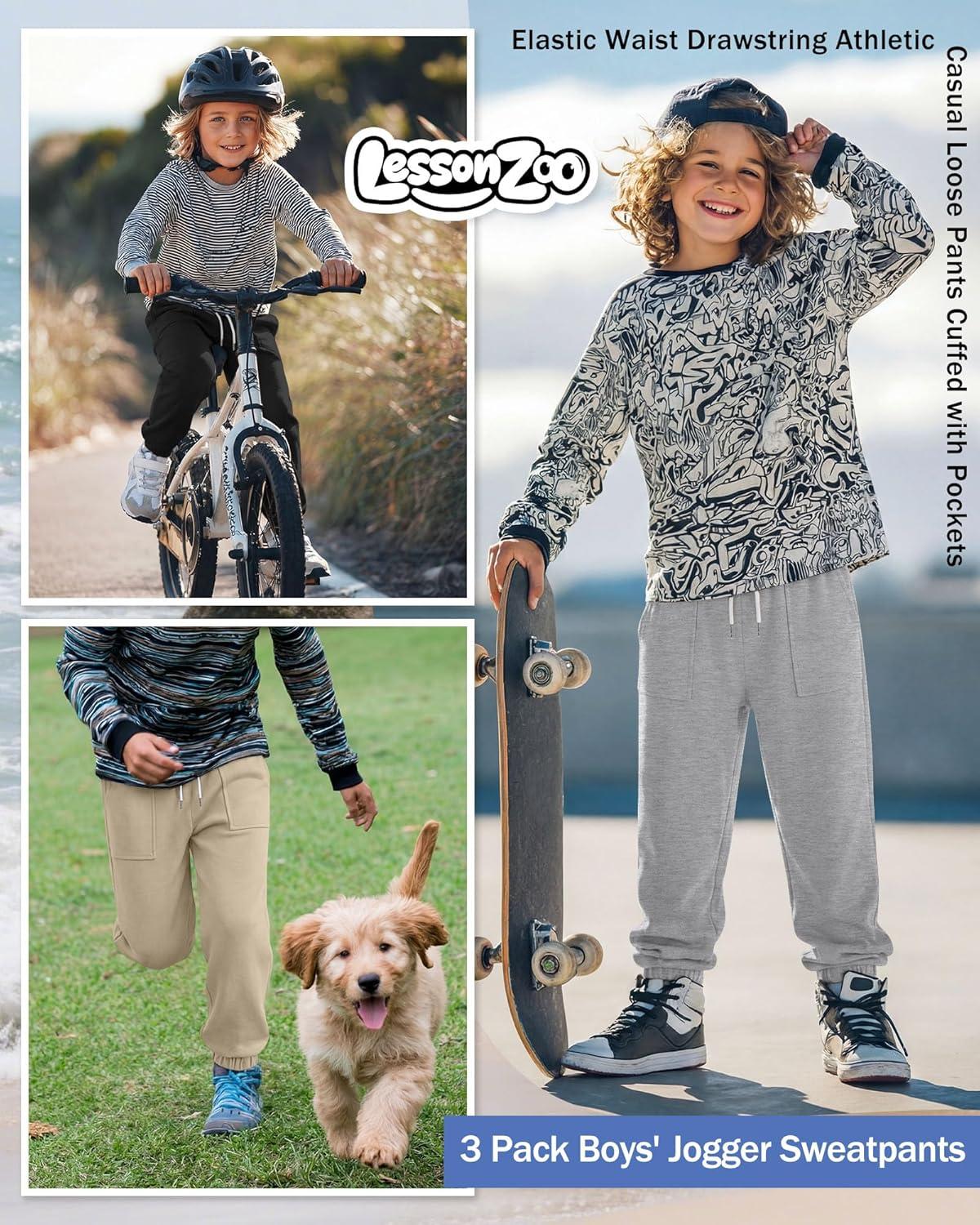 image:image3 Pack Boys Jogger Sweatpants 514 Years Elastic Waist Drawstring Athletic Pants Loose Cuffed Bottoms with PocketsKhaki Light Gray Black