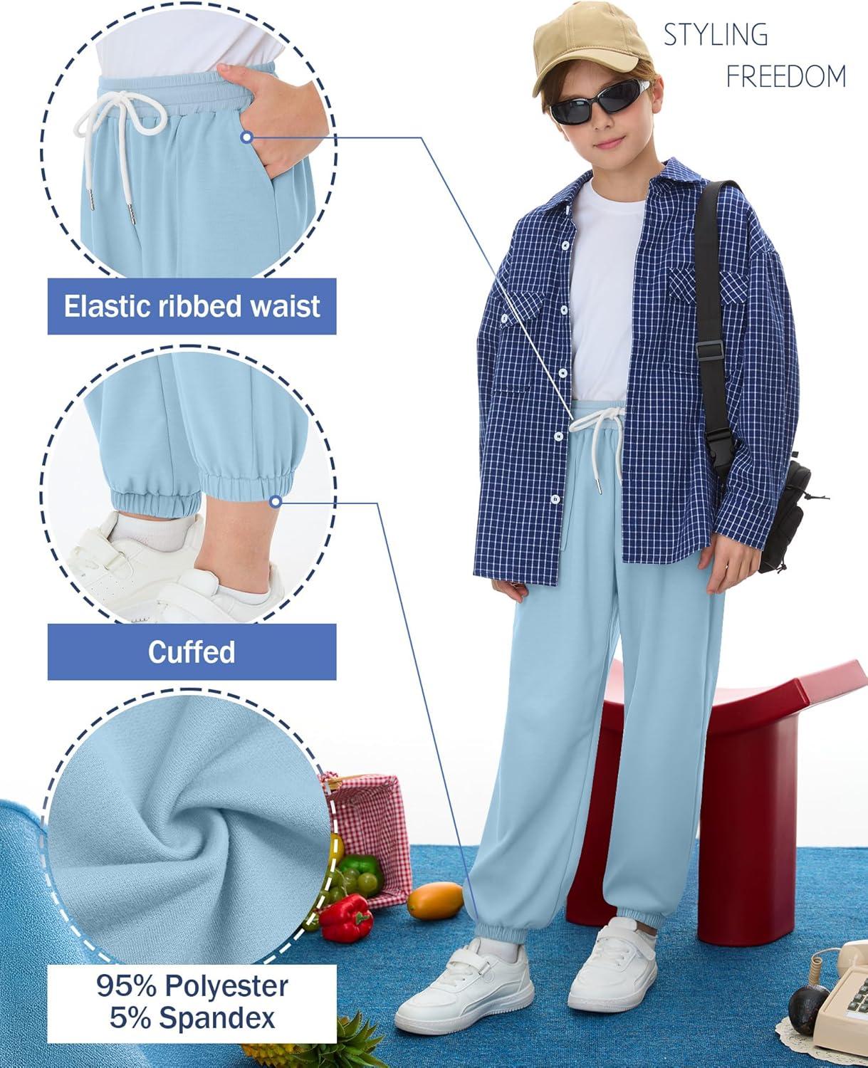 image:image3 Pack Boys Jogger Sweatpants 514 Years Elastic Waist Drawstring Athletic Pants Loose Cuffed Bottoms with PocketsLight Blue Light Gray Black