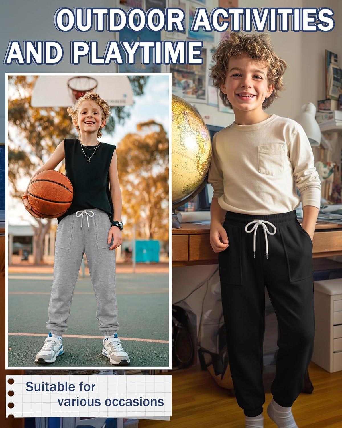 image:image3 Pack Boys Jogger Sweatpants 514 Years Elastic Waist Drawstring Athletic Pants Loose Cuffed Bottoms with PocketsLight Blue Light Gray Black