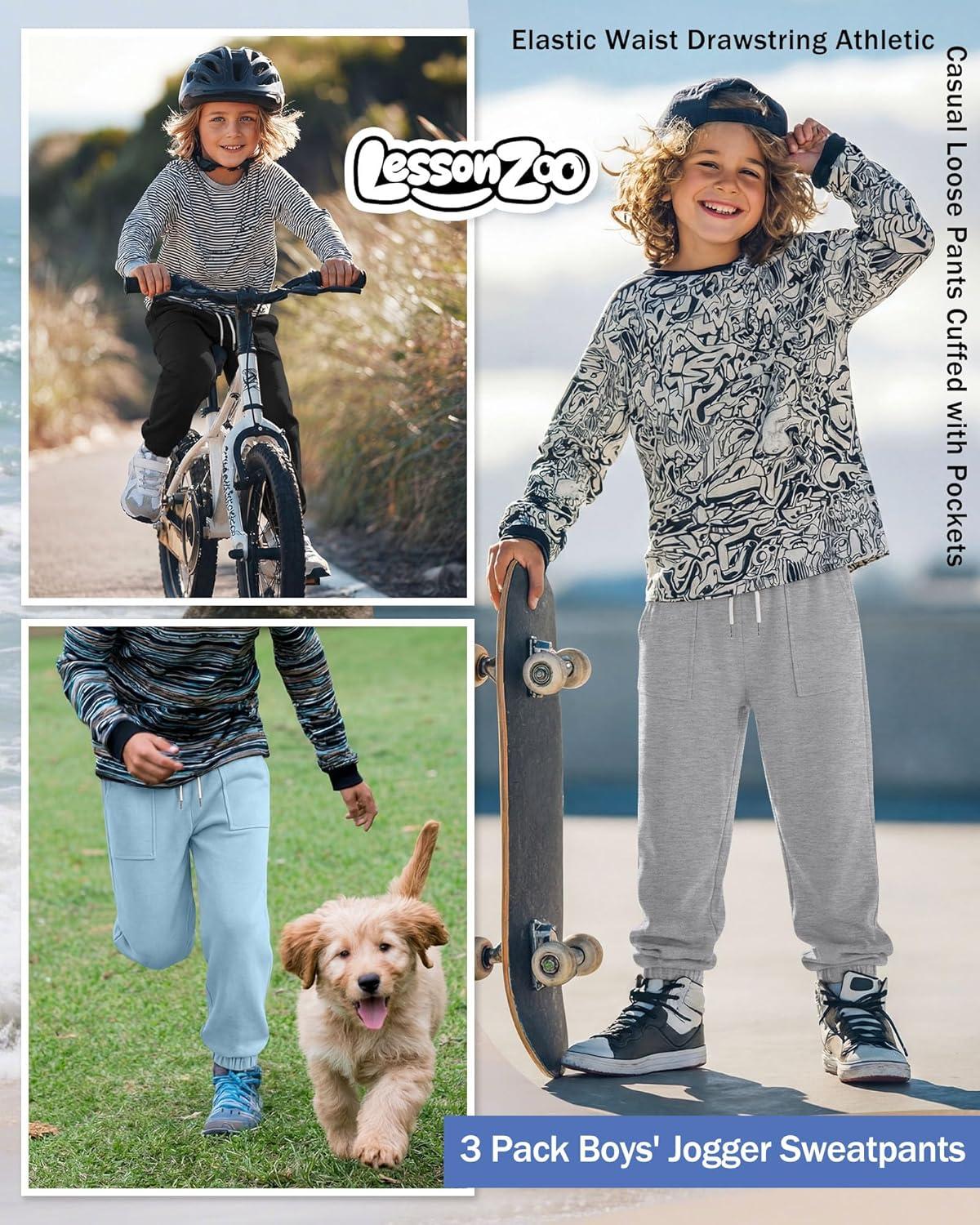 image:image3 Pack Boys Jogger Sweatpants 514 Years Elastic Waist Drawstring Athletic Pants Loose Cuffed Bottoms with PocketsLight Blue Light Gray Black