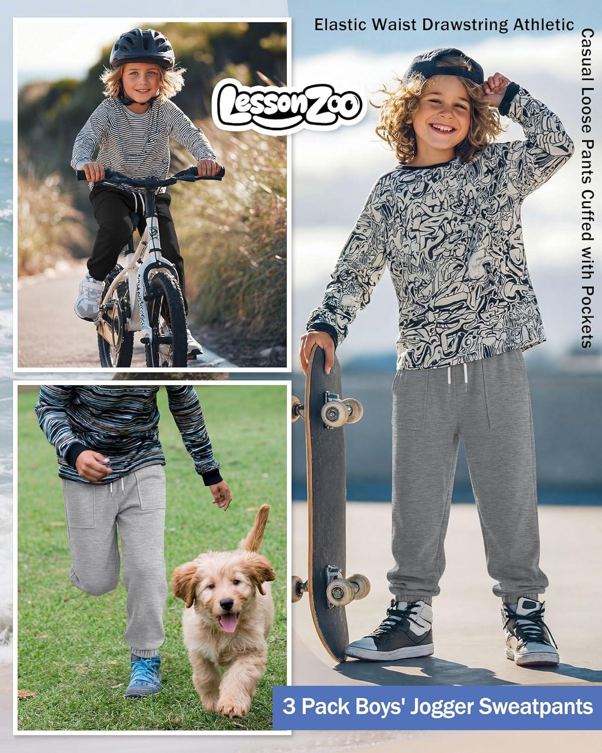 image:image3 Pack Boys Jogger Sweatpants 514 Years Elastic Waist Drawstring Athletic Pants Loose Cuffed Bottoms with PocketsLight Gray Gray Black