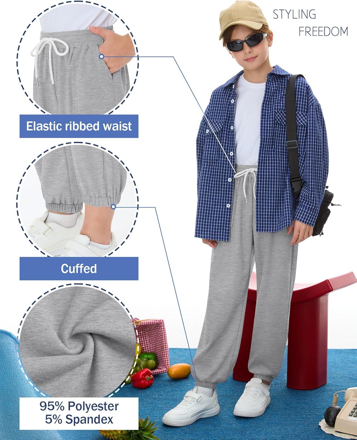 image:image3 Pack Boys Jogger Sweatpants 514 Years Elastic Waist Drawstring Athletic Pants Loose Cuffed Bottoms with PocketsLight Gray Gray Black