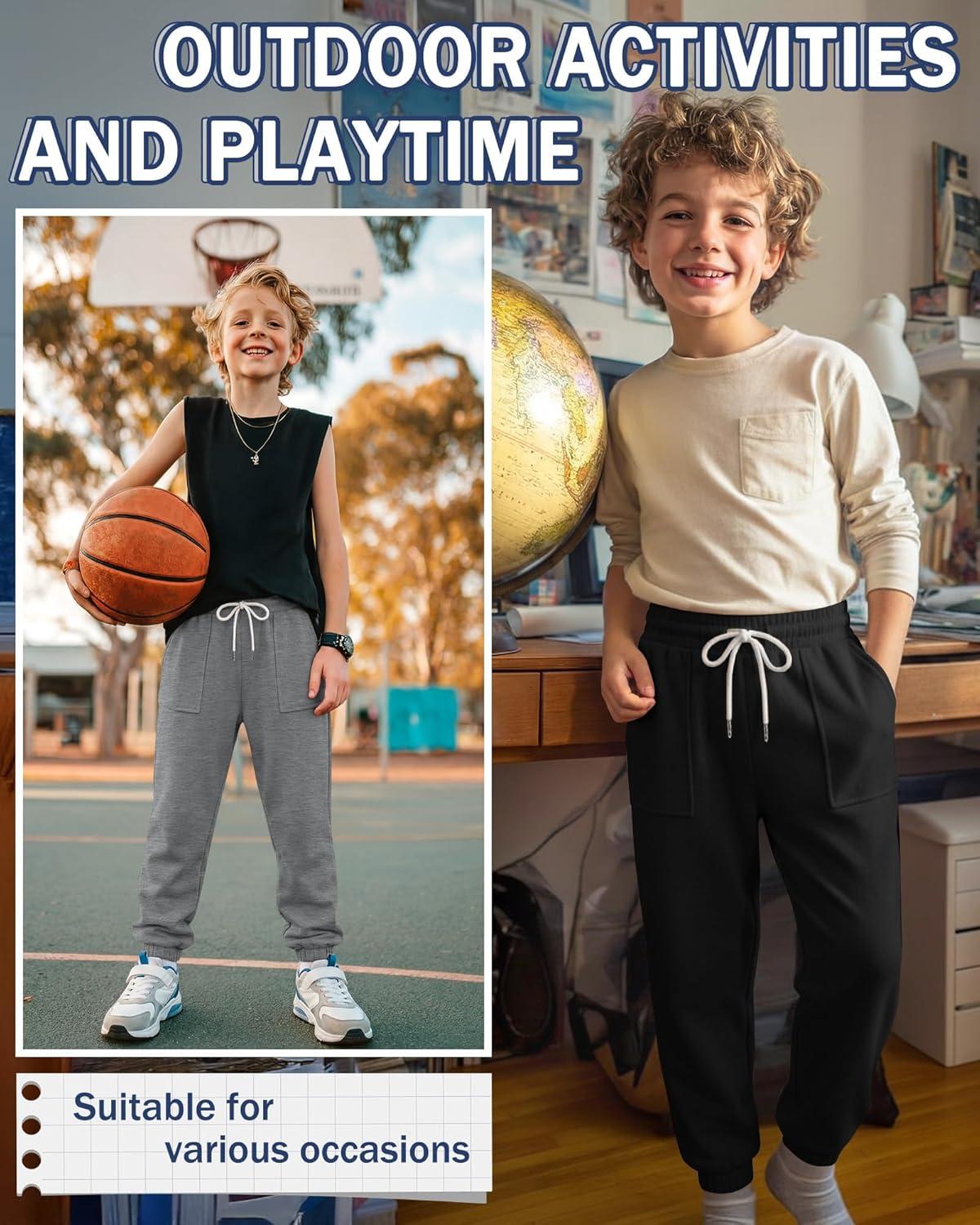 image:image3 Pack Boys Jogger Sweatpants 514 Years Elastic Waist Drawstring Athletic Pants Loose Cuffed Bottoms with PocketsLight Gray Gray Black