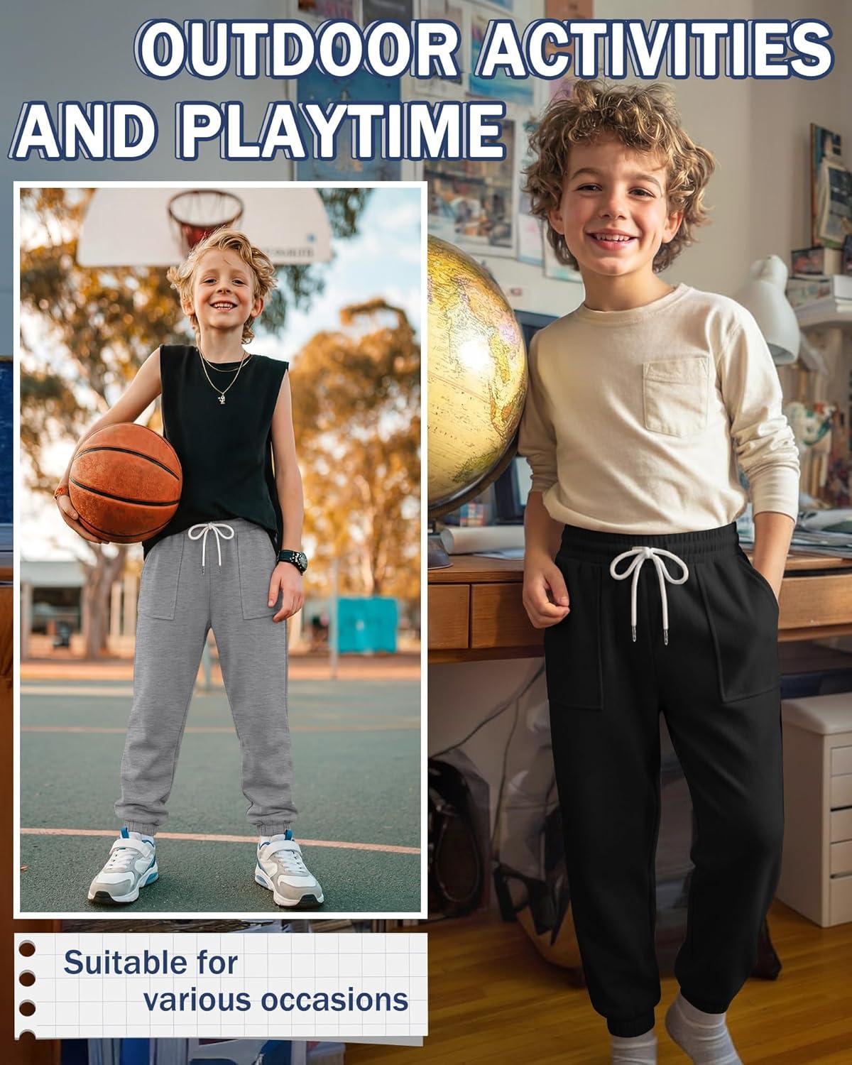image:image3 Pack Boys Jogger Sweatpants 514 Years Elastic Waist Drawstring Athletic Pants Loose Cuffed Bottoms with PocketsNavy Blue Cement Gray Black
