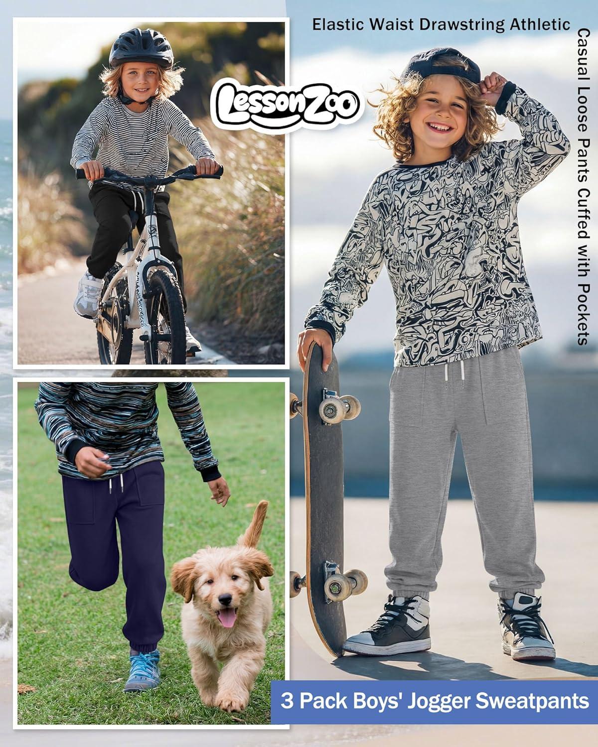 image:image3 Pack Boys Jogger Sweatpants 514 Years Elastic Waist Drawstring Athletic Pants Loose Cuffed Bottoms with PocketsNavy Blue Cement Gray Black