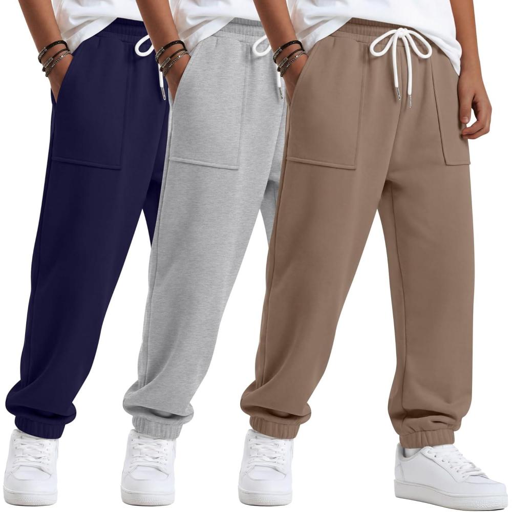 image:image3 Pack Boys Jogger Sweatpants 514 Years Elastic Waist Drawstring Athletic Pants Loose Cuffed Bottoms with PocketsCoffee Light Gray Navy Blue