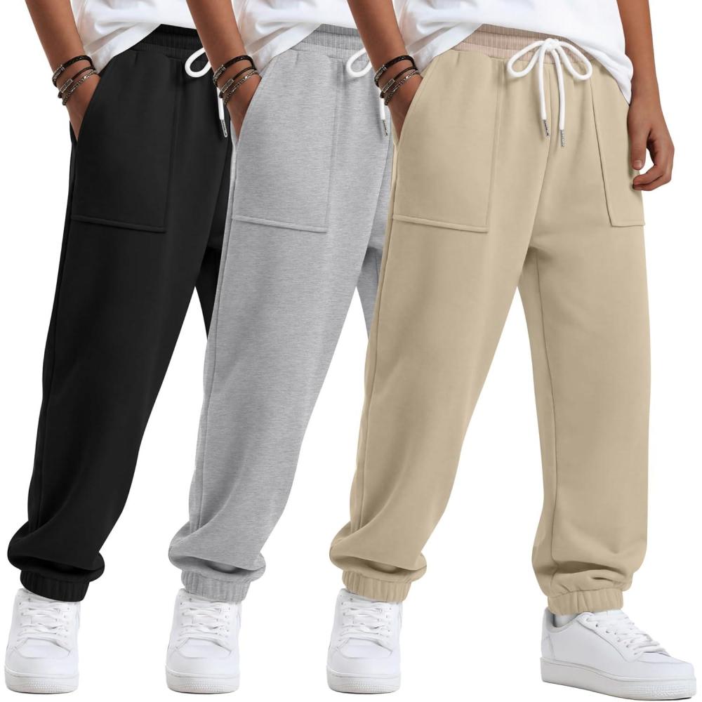 image:image3 Pack Boys Jogger Sweatpants 514 Years Elastic Waist Drawstring Athletic Pants Loose Cuffed Bottoms with PocketsKhaki Light Gray Black