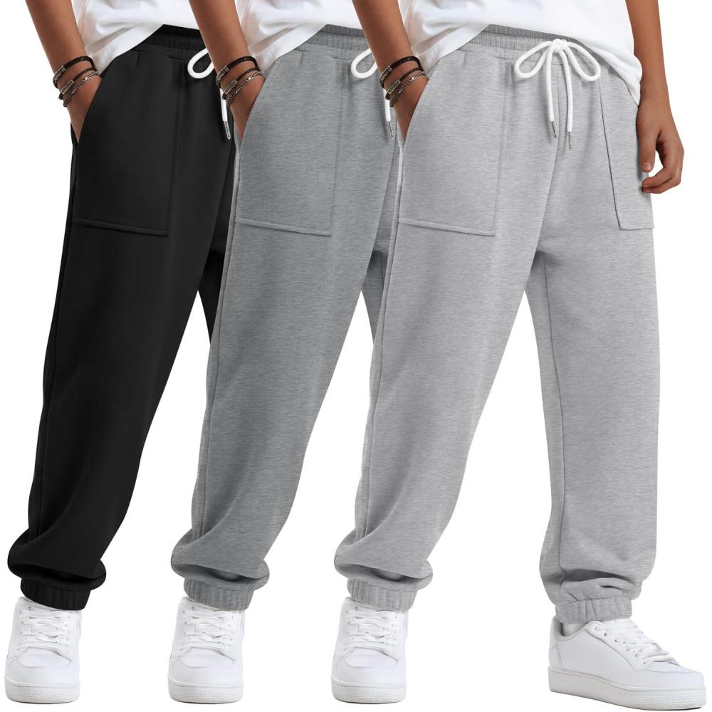 image:image3 Pack Boys Jogger Sweatpants 514 Years Elastic Waist Drawstring Athletic Pants Loose Cuffed Bottoms with PocketsLight Gray Gray Black
