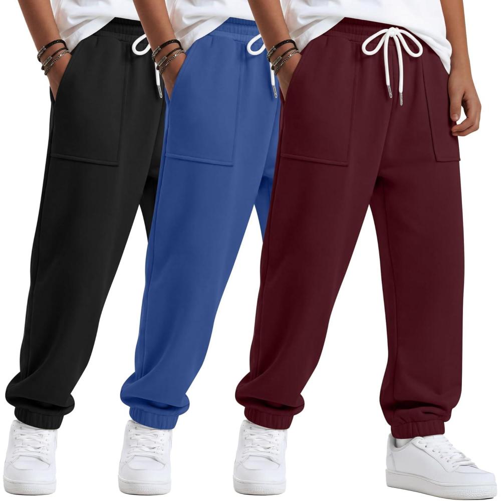 image:image3 Pack Boys Jogger Sweatpants 514 Years Elastic Waist Drawstring Athletic Pants Loose Cuffed Bottoms with PocketsWine Red  Haze Blue  Black