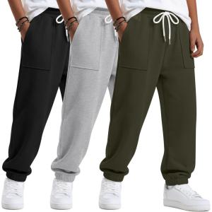3 Pack Boys’ Jogger Sweatpants 5-14 Years Elastic Waist Drawstring Athletic Pants Loose Cuffed Bottoms with Pockets(Army Green  Light Gray  Black)
