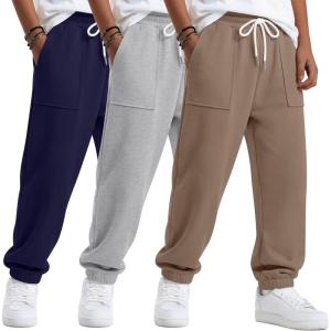 3 Pack Boys’ Jogger Sweatpants 5-14 Years Elastic Waist Drawstring Athletic Pants Loose Cuffed Bottoms with Pockets(Coffee  Light Gray  Navy Blue)
