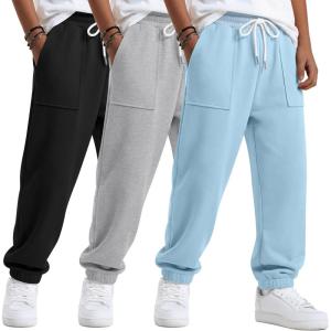 3 Pack Boys’ Jogger Sweatpants 5-14 Years Elastic Waist Drawstring Athletic Pants Loose Cuffed Bottoms with Pockets(Light Blue  Light Gray  Black)