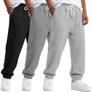 3 Pack Boys’ Jogger Sweatpants 5-14 Years Elastic Waist Drawstring Athletic Pants Loose Cuffed Bottoms with Pockets(Light Gray  Gray  Black)